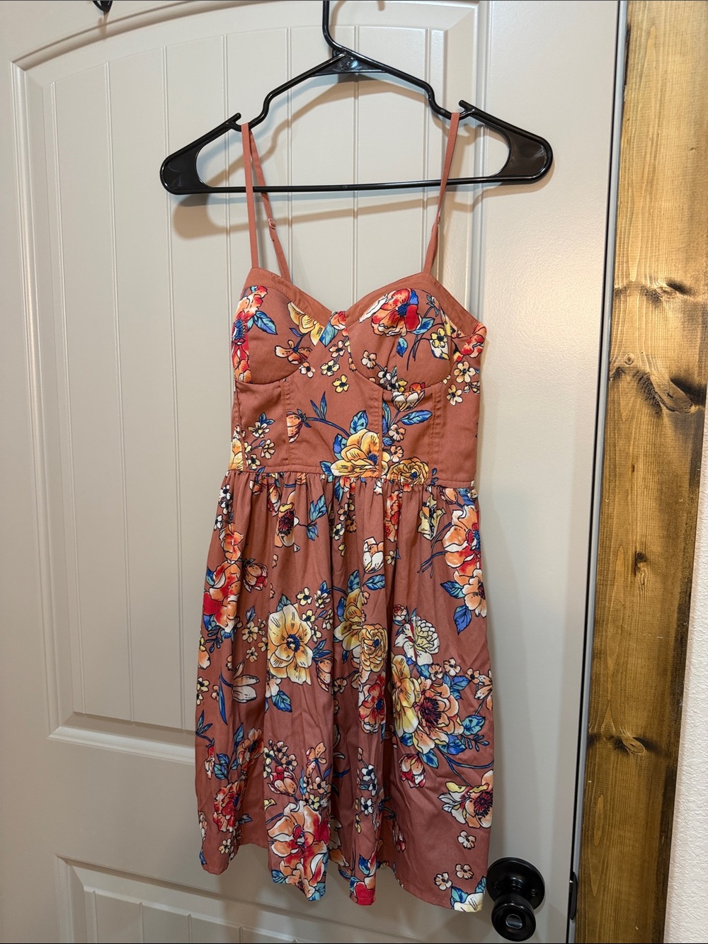 Rust Floral Spaghetti-Strap Mini Dress with Fitted Bodice
